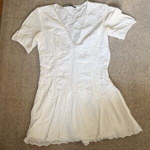 Zara White Eyelet V-Neck Mini Dress with Tiered Skirt